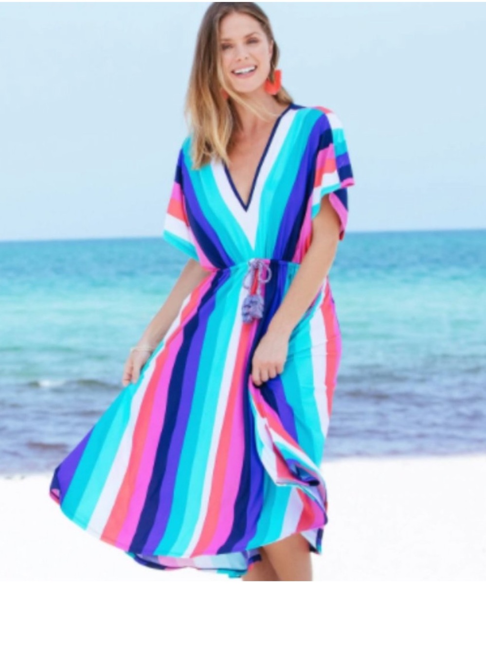 Cabana Life Stripes tie waist midi dress multi color beach cover up medium